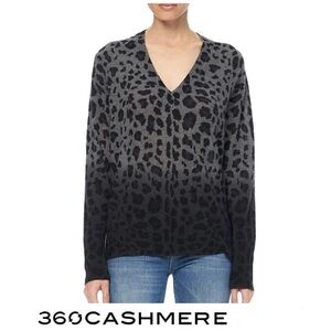 360 CASHMERE Gray Black Leopard Print Dip-dye V Neck 100% Cashmere Sweater Sz S